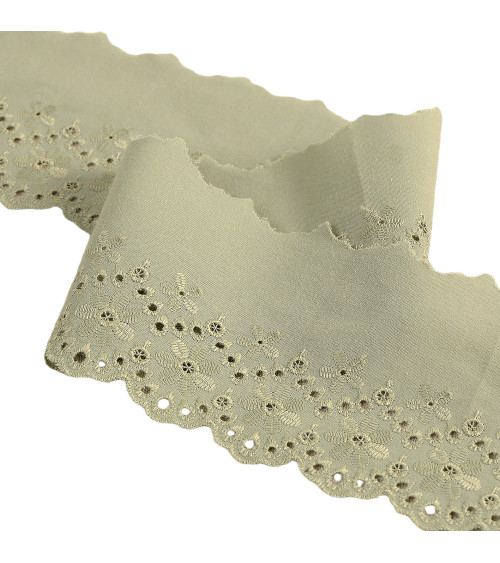 Almond green scalloped flower embroidery 80mm per meter