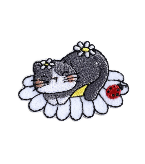 Badge gatto con fiore grigio 4,5 cm x 3 cm