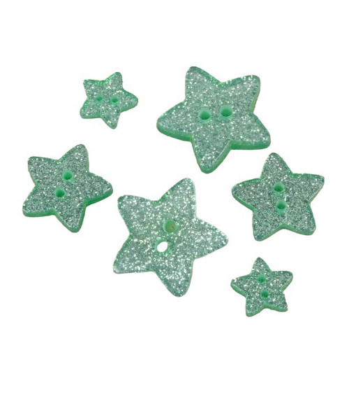 Set of 6 water green glittery star buttons