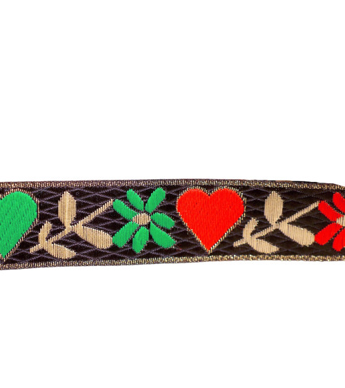 Bobina de 10m de corazones y flores trenza jacquard 25mm negro