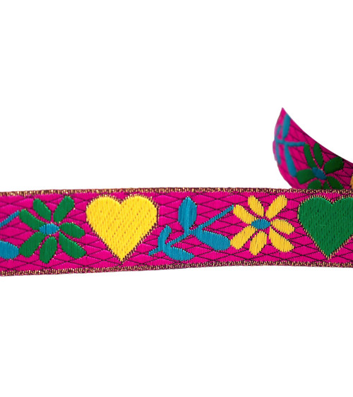 Bobina de 10m de corazones y flores trenza jacquard 25mm rosa frambuesa