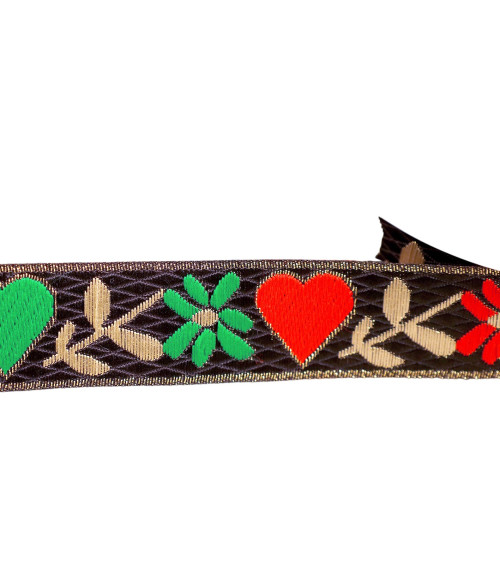 Trenza jacquard corazones y flores 25mm negro por metro