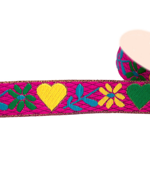 Trenza jacquard corazones y flores 25mm rosa frambuesa por metro