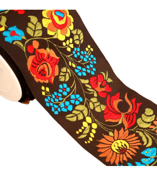 Jacquard braid red yellow blue flowers 100mm multicolor per meter