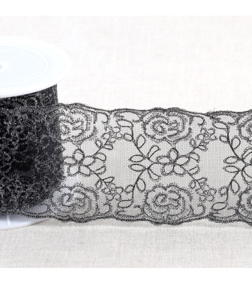 Spool 13.5m metallic embroidery on tulle 80mm black/silver