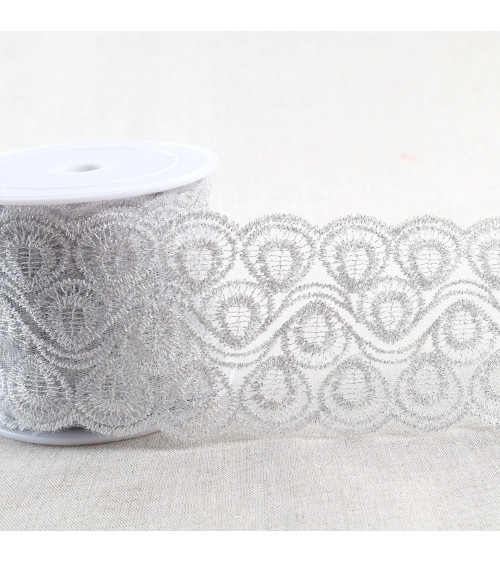 Spool 13.5m metallic embroidery on tulle 80mm silver