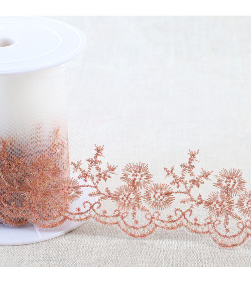 Spool 13.5m metallic embroidery on tulle 90mm rose gold