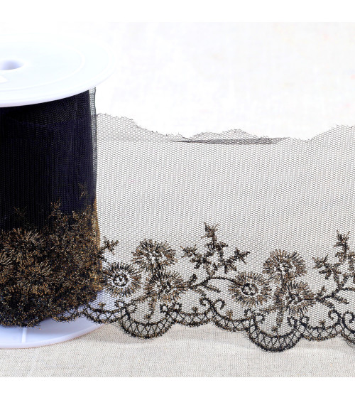 Spool 13.5m metallic embroidery on tulle 90mm black/gold