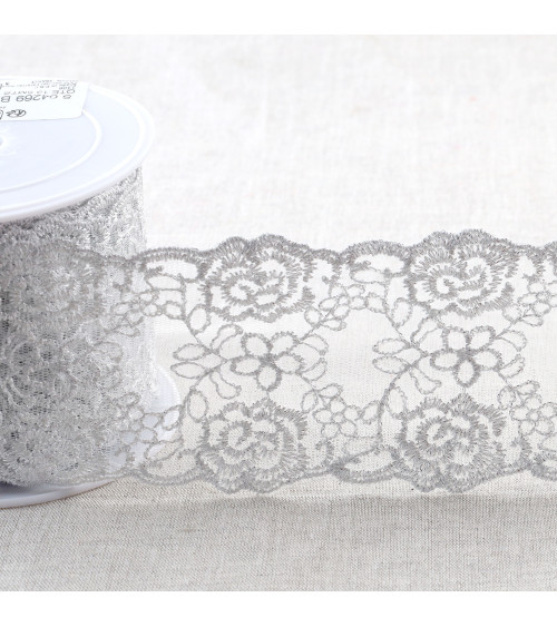 Metallic embroidery on 80mm silver tulle by the meter