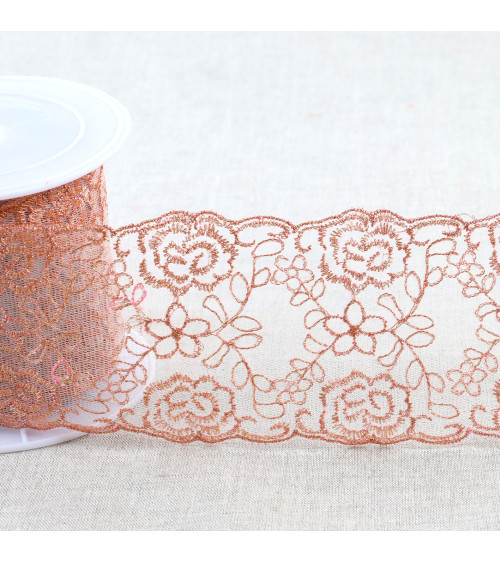 Metallic embroidery on 80mm rose gold tulle by the meter