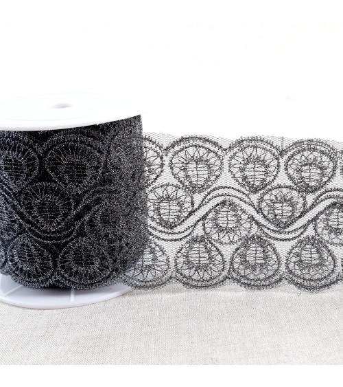 Metallic embroidery on 80mm black/silver tulle by the meter