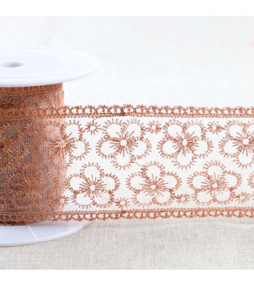 Metallic embroidery on tulle 62mm rose gold by the meter