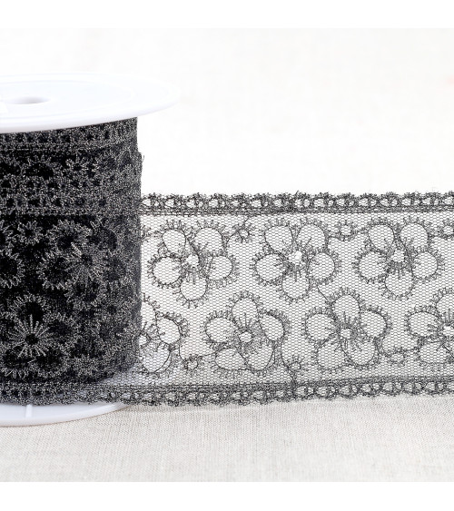 Metallic embroidery on tulle 62mm black/silver by the meter