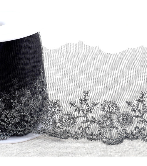 Metallic embroidery on 90mm black/silver tulle by the meter