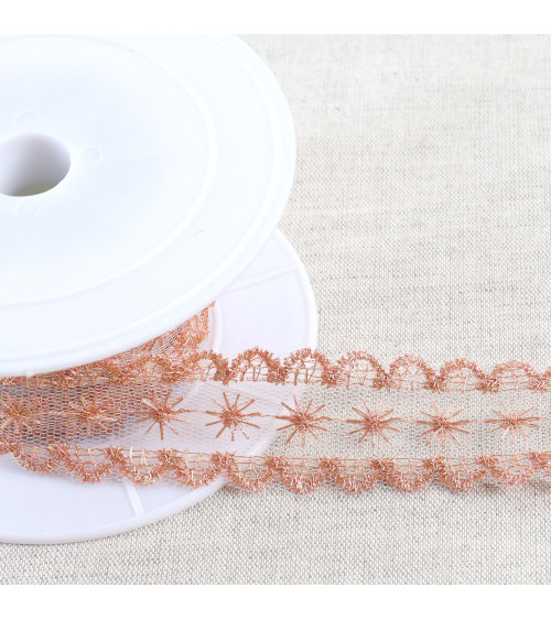 Metallic embroidery on 28mm rose gold tulle by the meter