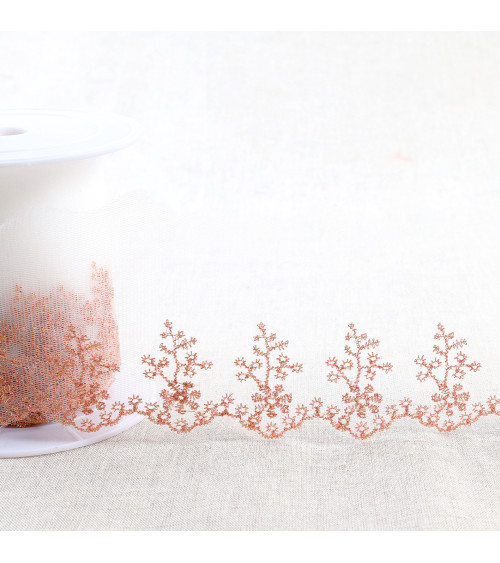 Metallic embroidery on 80mm rose gold tulle by the meter