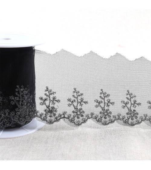 Metallic embroidery on 80mm black/silver tulle by the meter