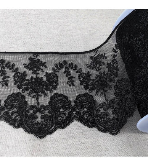 Tulle embroidered shiny scalloped flowers 143mm black per meter