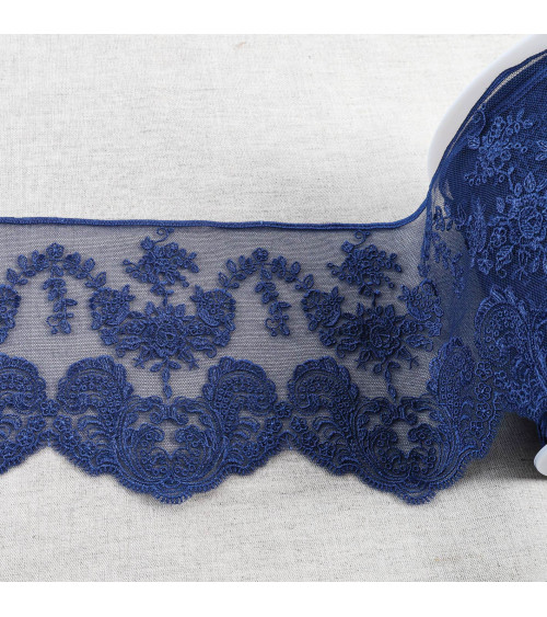 Shiny scalloped flower embroidered tulle 143mm navy blue per meter