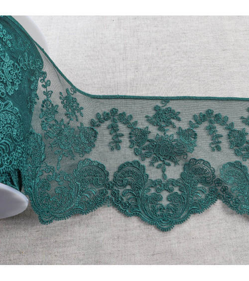 Tulle embroidered with shiny scalloped flowers 143mm duck blue per meter