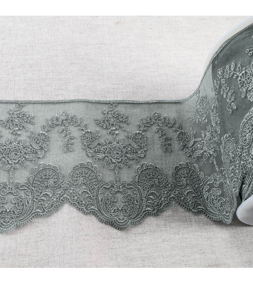 Shiny Scalloped Flower Embroidered Tulle 143mm Medium Grey Per Meter