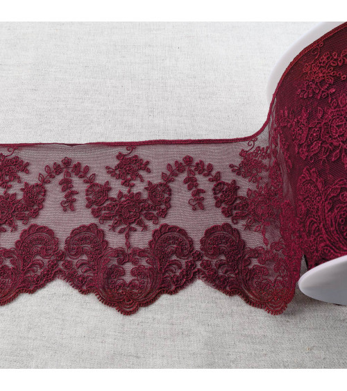 Tulle embroidered with shiny scalloped flowers 143mm plum purple per meter