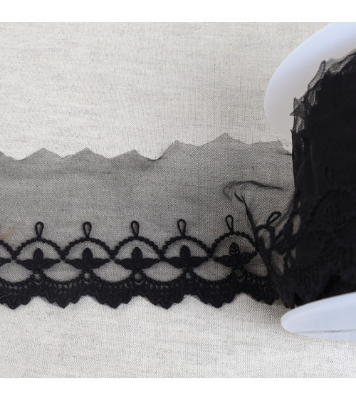 Tulle embroidered leaves with matte scallops 75mm black per meter