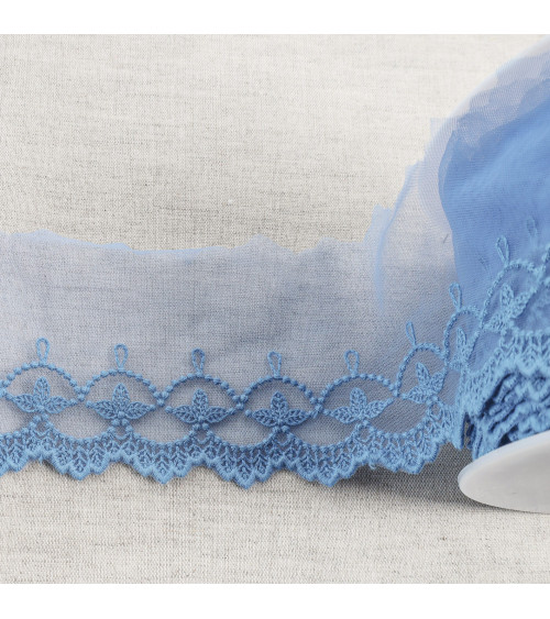 Embroidered tulle leaves with matte scallops 75mm lavender blue per meter