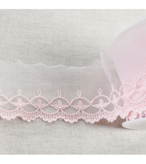 Tulle embroidered leaves with matte scallops 75mm pink per meter