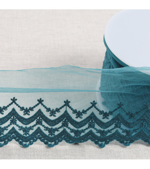 Double wave embroidered tulle scalloped matte 108mm duck blue per meter