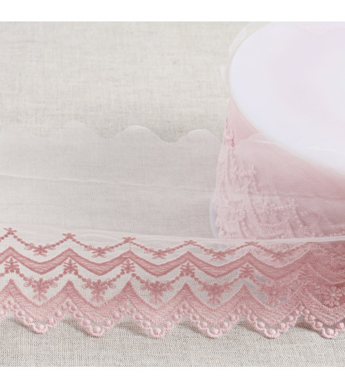 Double wave embroidered tulle scalloped matt 108mm pink per meter