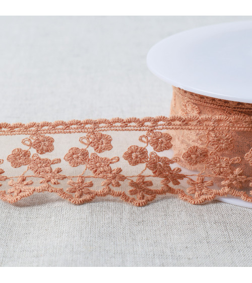 Embroidered tulle with small matte flowers 44mm dark beige per meter