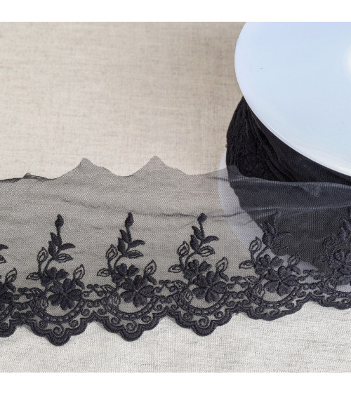 Tulle embroidered with scalloped flowers matt 82mm black per meter