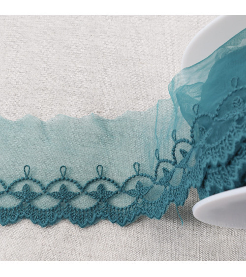 Spool of 18m embroidered tulle with matte scalloped leaves 75mm duck blue