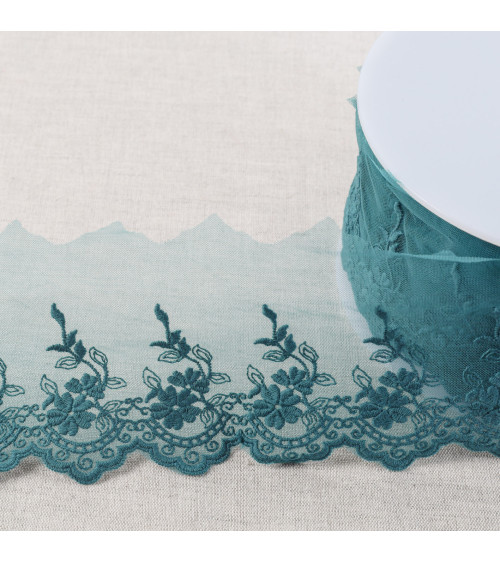 Spool of 18m embroidered tulle with scalloped flowers, matt, 82mm duck blue