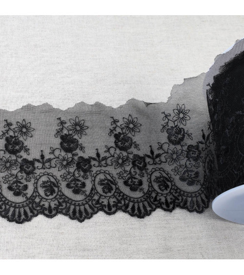 Spool 18m tulle embroidered with shiny scalloped flowers tulle embroidered with shiny scalloped flowers black 110mm