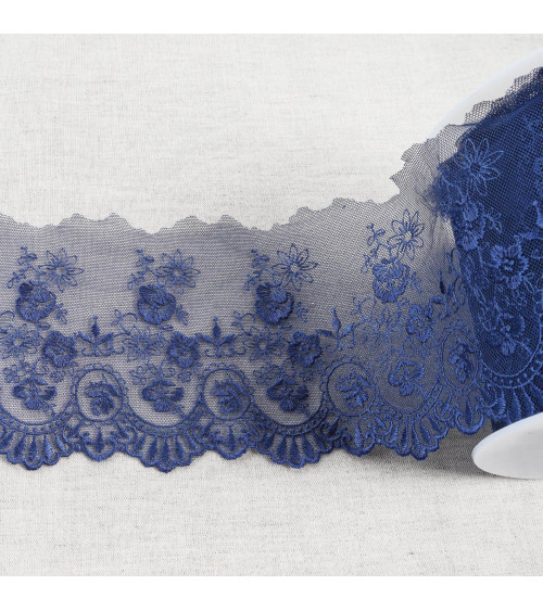 Spool 18m tulle embroidered with shiny scalloped flowers tulle embroidered with shiny scalloped flowers navy blue 110mm