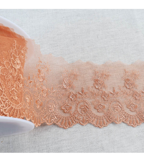 Spool 18m tulle embroidered with shiny scalloped flowers tulle embroidered with shiny scalloped flowers dark beige 110mm