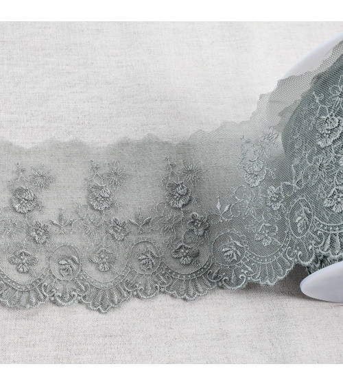 Tulle embroidered shiny scalloped flowers 110mm medium grey per meter