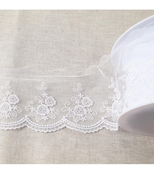 Tulle embroidered with shiny scalloped flowers 92mm white per meter