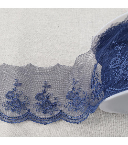 Shiny scalloped flower embroidered tulle 92mm navy blue per meter