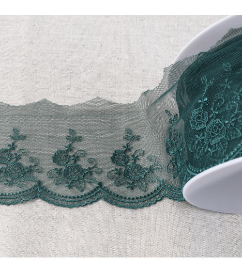 Tulle embroidered with shiny scalloped flowers 92mm duck blue per meter