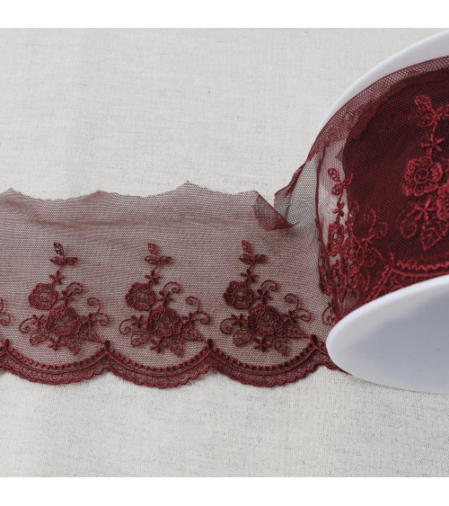 Tulle embroidered with shiny scalloped flowers 92mm plum per meter