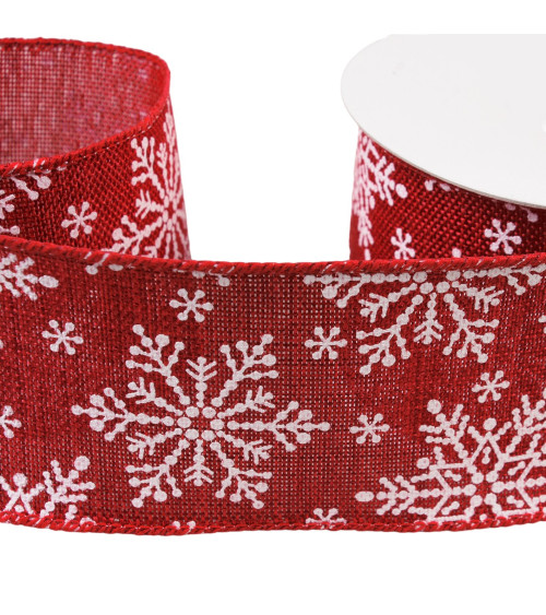 10m reel of red snowflake ribbon 63mm