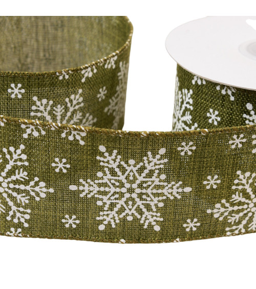 Spool of 10m green snowflake ribbon 63mm