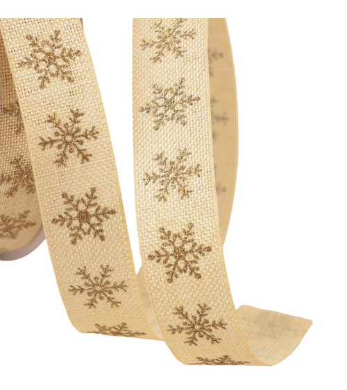 Spool of 20m ribbon with small beige snowflakes 16mm