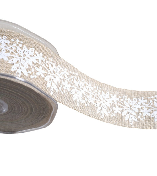 Spool of 20m ribbon with white, beige and white patterns 38mm