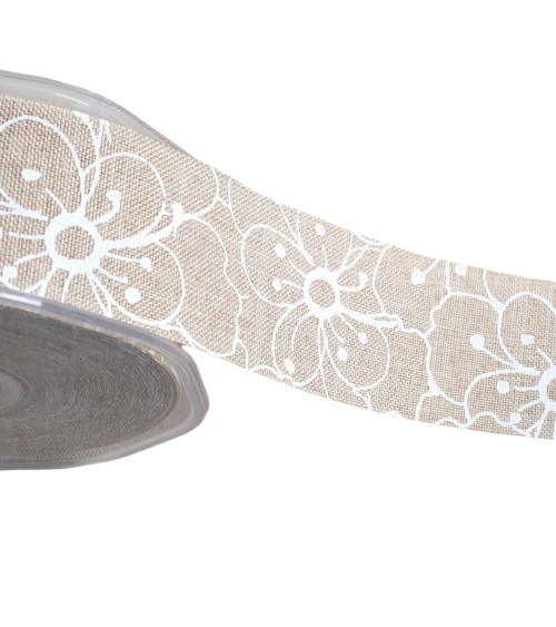 Ribbon with white butterfly patterns 38mm beige per meter