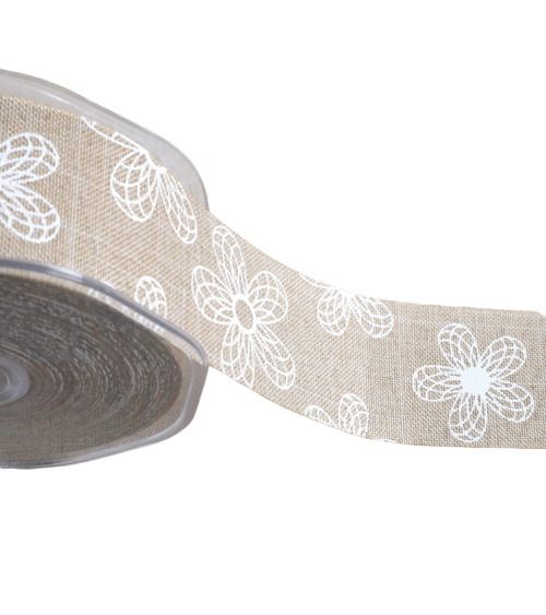 White foliage pattern ribbon 38mm beige per meter