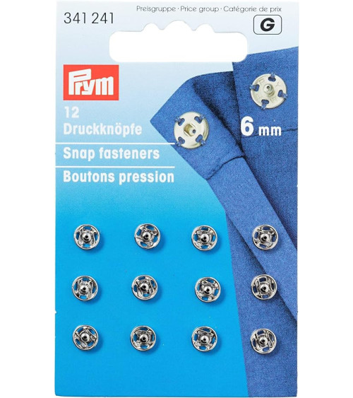 Card of 12 Prym 6mm silver sew-on snap fasteners